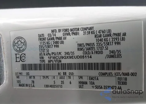 2014 Ford Escape Se из США, поврежденный, VIN 1FMCU9GX9EUD05114